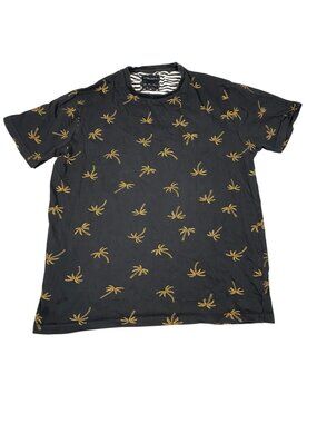 Denim & Flower Mens Black T-Shirt L Gold Palm Tree Pattern 100% Cotton Crew Neck